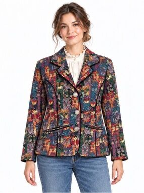Vintage Parsley & Sage Cat Tapestry Beaded Blazer Jacket Small Crazy Cat Lady